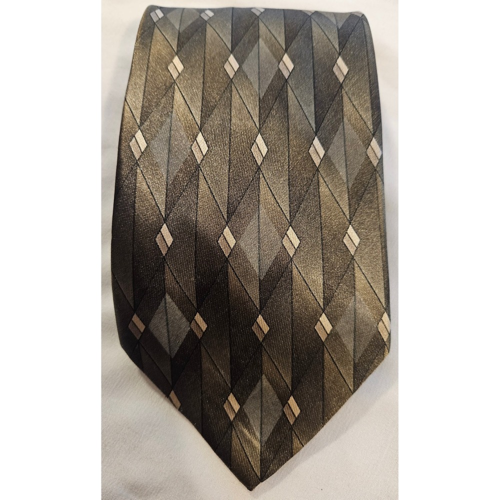 Stringbeans Mens Necktie Olive Green Grey Gold Geometric Diamond Pattern Tie